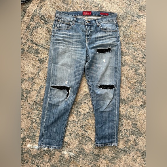 Lucky Brand Handmade Reworked Lace Patch Dylan Boyfriend Jeans Sz 6/28 Womens - Picture 2 of 7
